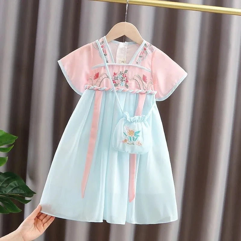 Hanfu-vestido de verano para niña, traje Tang de manga corta, ropa de estilo chino para bebé, vestido antiguo para niños