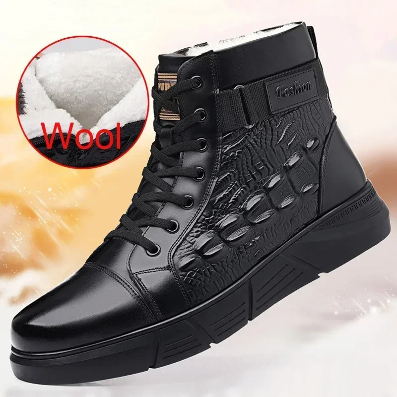 

Winter New Shoes for Men Wool Boots High Tops Genuine Leather Casual Shoes Outdoor Crocodile Print Snow Boots