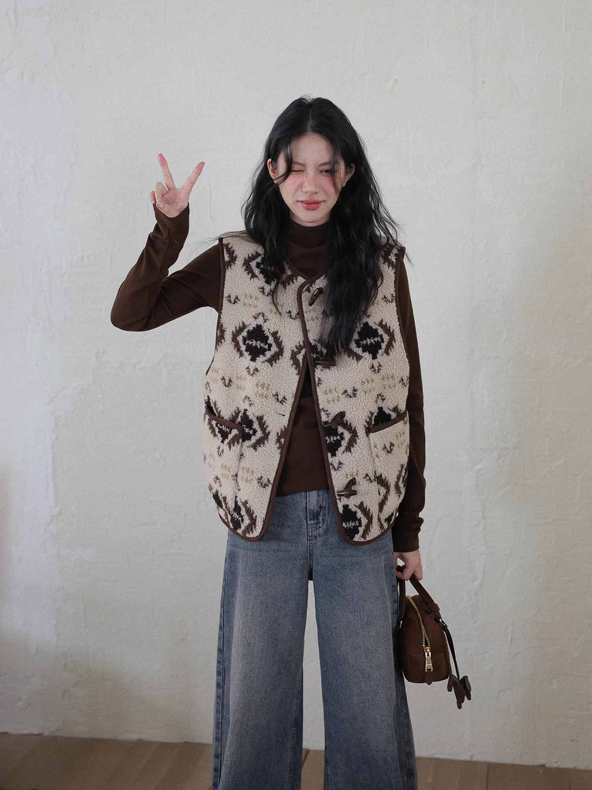 

Женский жилет из искусственного меха в стиле ретро Fair Isle с узором Jaet Svel Base irt round Ne с застежкой на одной пуговице, обычная длина