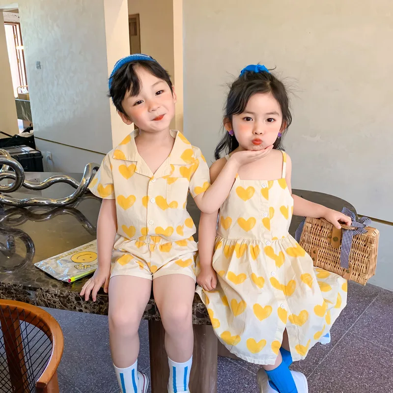 

Summer Sibling Matching Outfits Kids Heart Print 2PCS Set Boy Short Sleeve Shirt + Shorts Girl Cami Midi Dress Casual Beach Wear