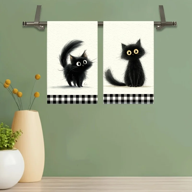 2Pcs, Black and White Checkered Black Cat Kitchen Towels, 40Cm*60Cm Towel Set, Super Absorbent Soft Cleaning Cloth, Cooking and Baking Tea Towel, Hand Towel, Cleaning Cloth, Dishcloth, Kitchen Decoration, Living Room Decoration, Kitchen Essentials, Home Essentials