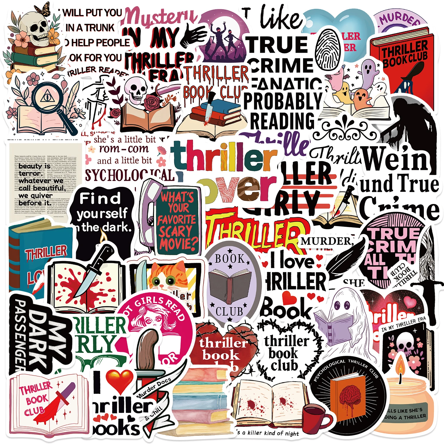 50pcs Cartoon Reading ThrillerBooks Smut Graffiti Stickers Graffiti Stickers for Bicycle Hand Account Pencil Case Decals PVC