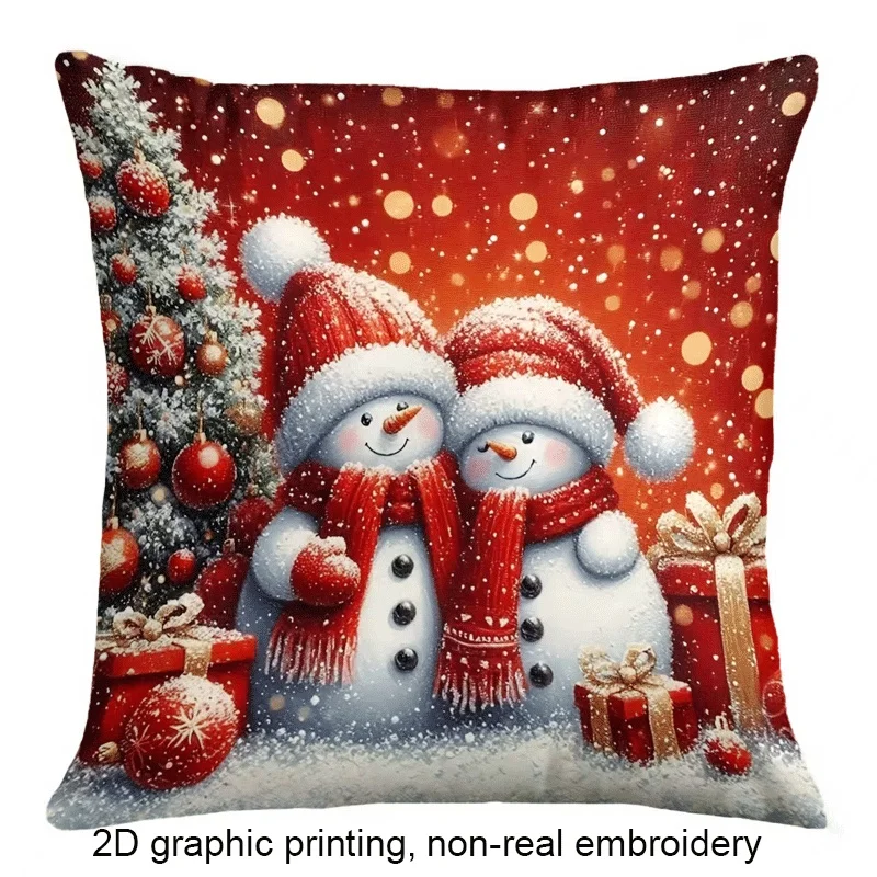 2D Flat Printing 1pc Christmas Couple Snowman Pillowcase, Square Zipper Sofa Cushion Cover, Machine Washable, Multiple Sizes Ava