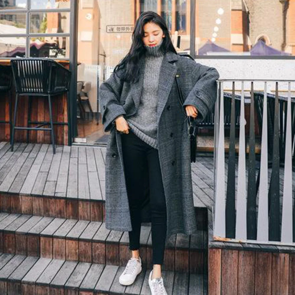 Plaid Coat Ladies Temperament Long 2024 Autumn And Winter Korean Fashion Loose Over The Knee French Hepburn Wind Coat Female Tid