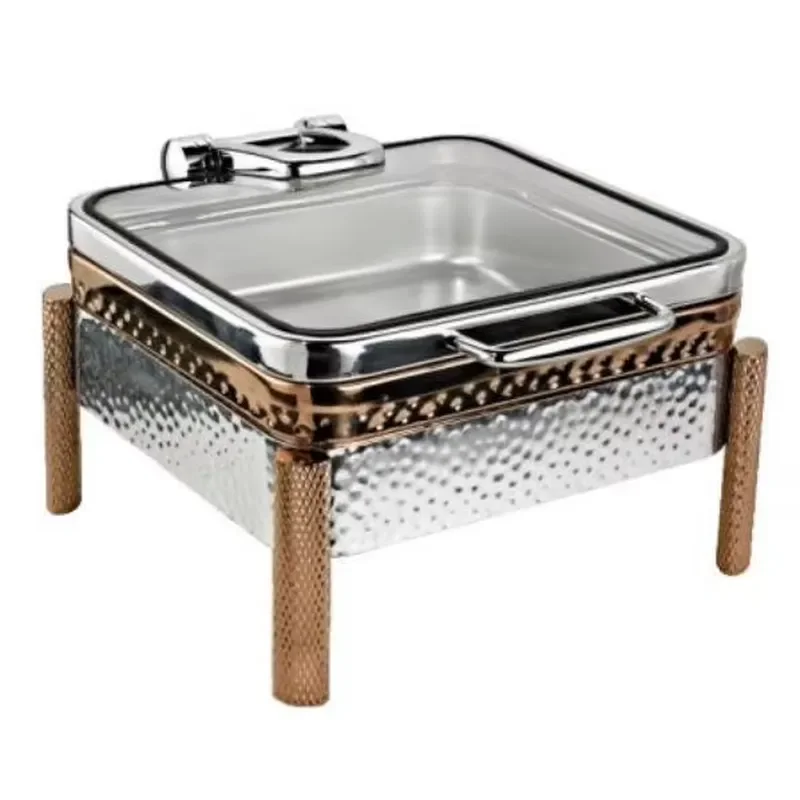 Restaurant Equipment Commercial Square 304 Stainless Steel Hammered Rose Gold Chafing Dish Buffet Set 6 qt