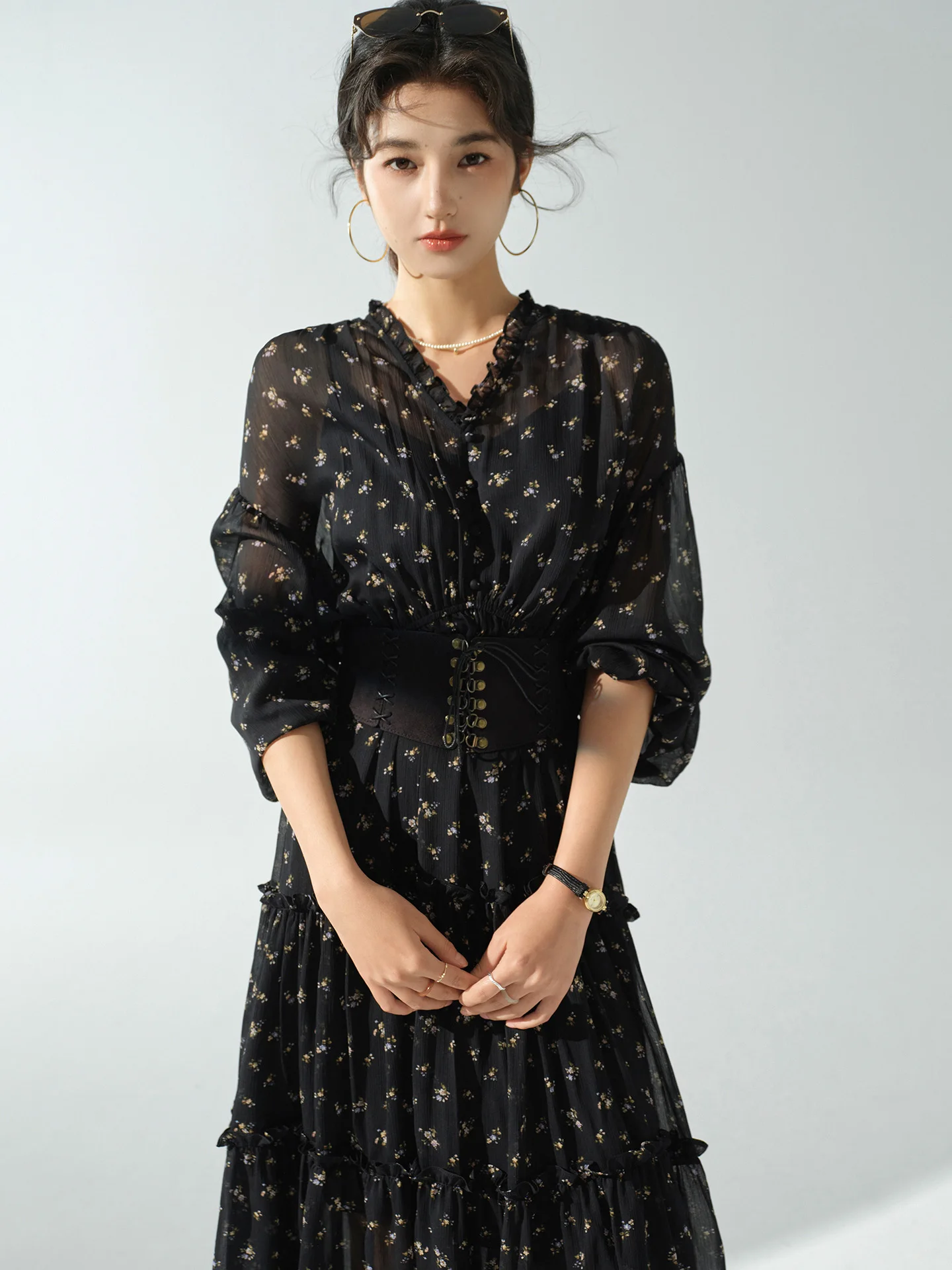 French Style Floral Dress Women Elegant Autumn Maxi Tea Dress with High Waist Flared Hem Long Sleeve Vintage Casual Party Outfit