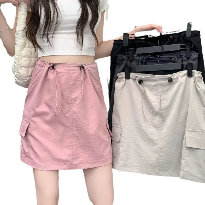 The new summer hot girl style high-waisted design versatile cargo skirt looks slim drawstring cargo skirt