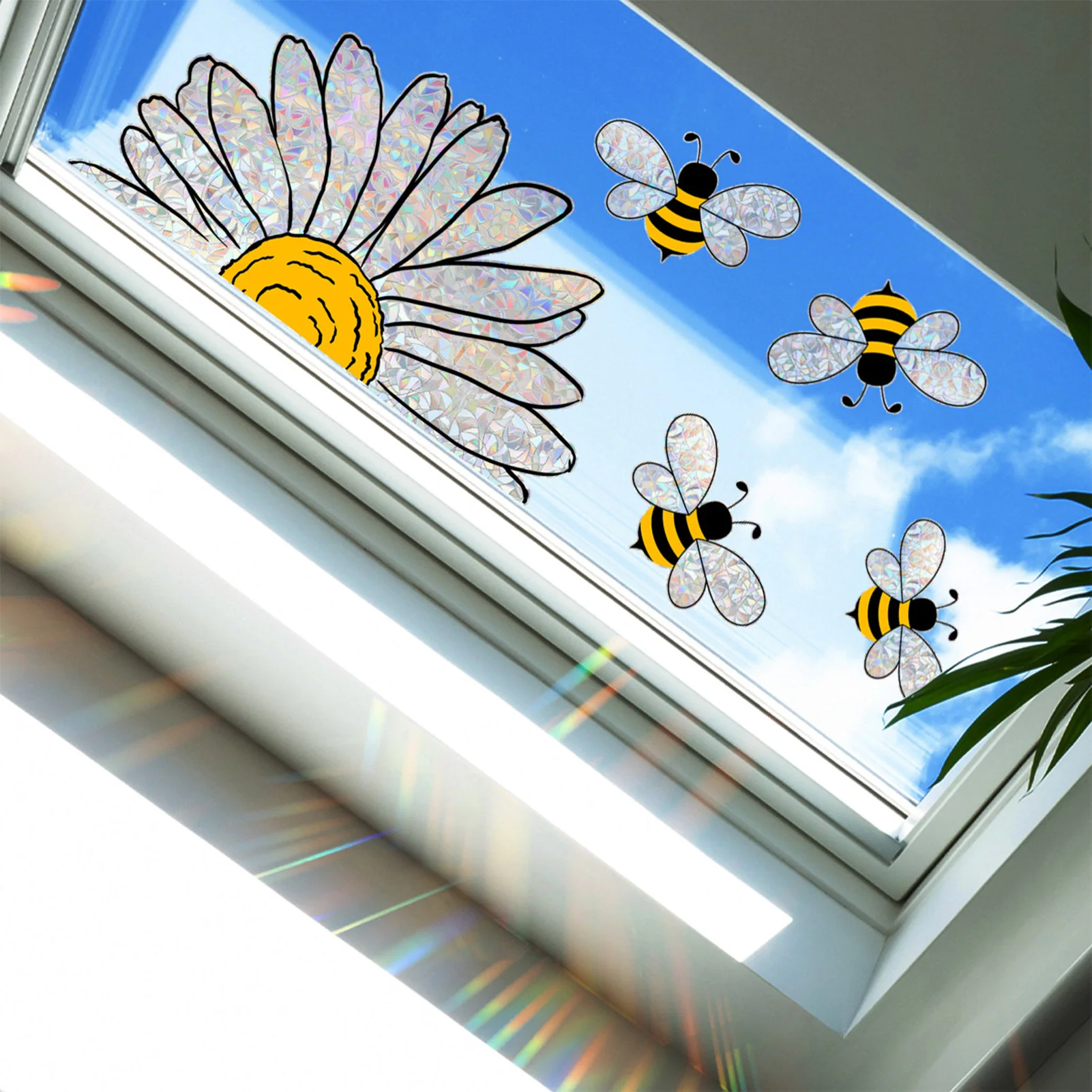 Adorable Bees Style Glass Sticker Summer Sunflower Window Clings for Glass Windows Removable Sticker