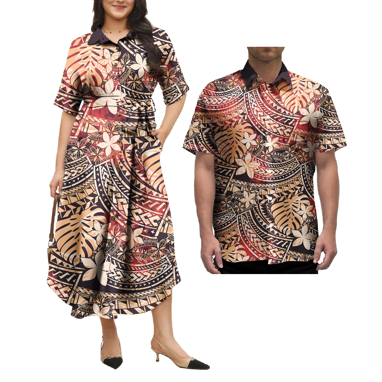 Tapa Polynesian Tribal puletasi Beach Dress Matching Men Hawaiian Shirts Traditional Clothing Long Dress Couple Clothes 2pcs
