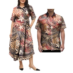 Tapa Polynesian Tribal puletasi Beach Dress Matching Men Hawaiian Shirts Traditional Clothing Long Dress Couple Clothes 2pcs