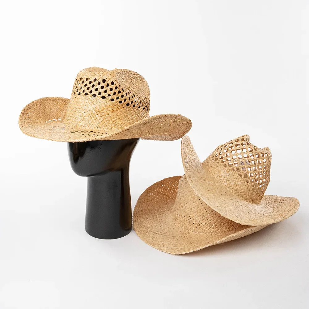 

Unisex Summer New Sun hats Natural Straw hats Hollow Hand-woven Raffia Cowboy Hat Two sizes available