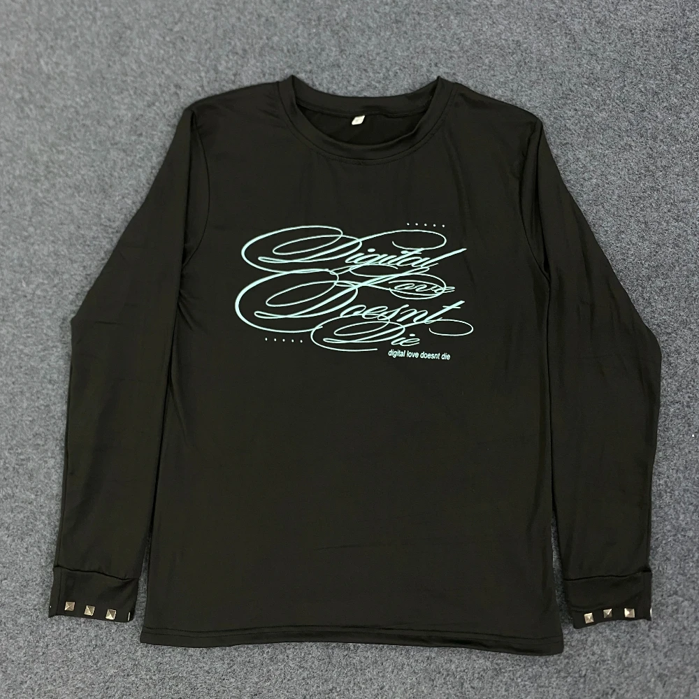 

Personalized retro round neck long sleeved T-shirt trendy spring and summer new clothing niche willow nail design top