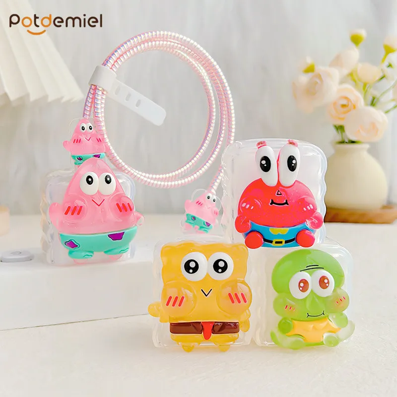 1 Set Potdemiel SpongeBob Kabel/Ladegerät-Schutz für iPhone/iPad 18 W/20 W Schnellladegerät-Hülle Kabelmanagement-Drahtkabel-Organizer