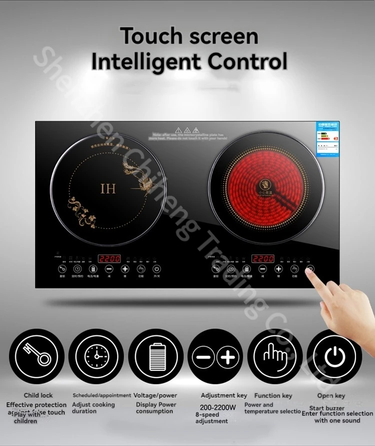 Household embutido painel duplo fogão indução fogão, cerâmica Cooktop, dupla utilização, controle independente