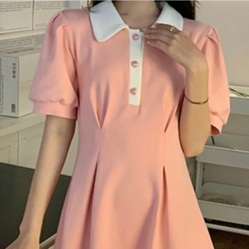 Polo Collar Color Block Design Short Sleeve Women's Dress Slimming A-Line Skirt Waist Cinched Summer 2025 New Style Elegant C...