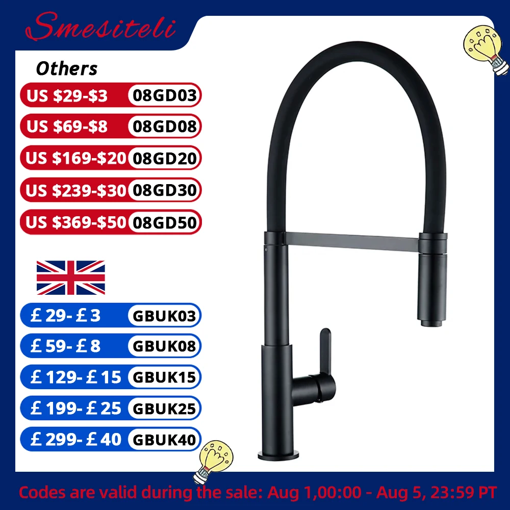 

Smesiteli Kitchen Faucets Matte Black Solid Brass Single Handle Single Hole 360 Degree Swivel Mixer Sink Tap Pull Out Down Taps