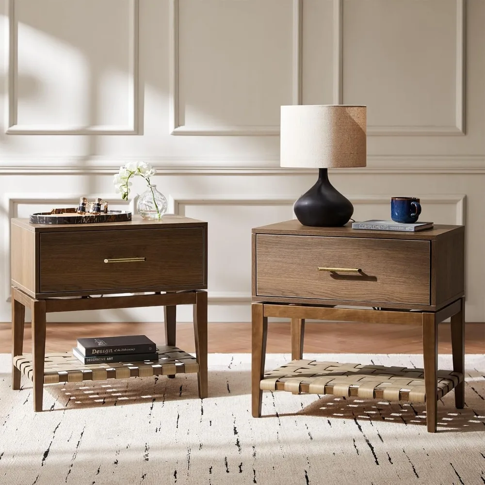 

Woven Shelf Nightstand with Charging Station, 24" Bedside Table with Drawer, USB & Type-C Ports, 2 Outlets(Set of 2）