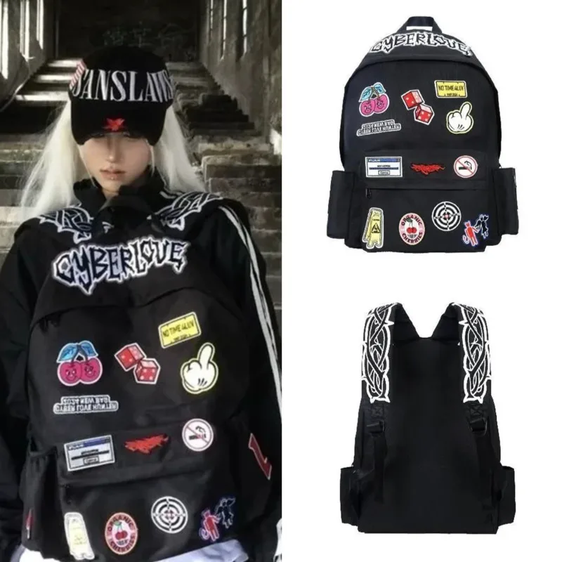 Embroidery Thorn Backpack Mock Graffiti Letter Sticker Cloth Punk Backpack Y2K Fun Splicing Student Large Capacity Backpack New