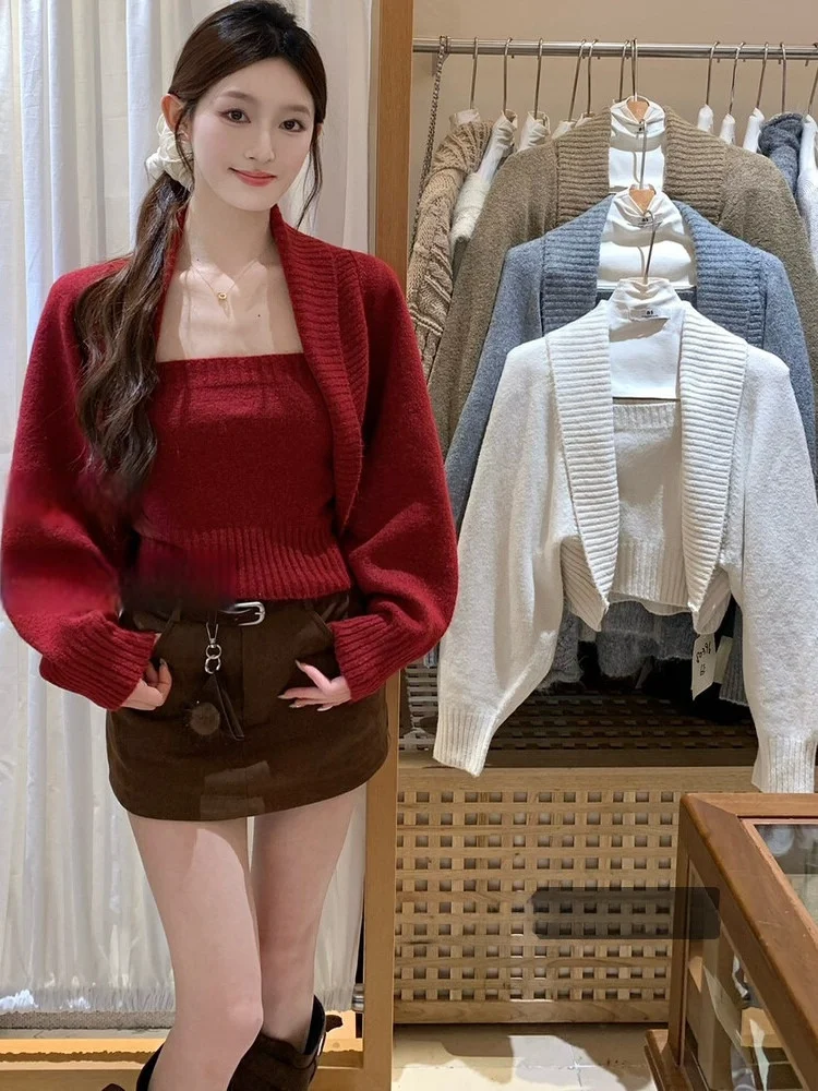 

Cisas Sle Red Knitted Sweater Coat Women's Spring 2026 New Outwear Inner Match Tube Top Set Warm ort Thiened