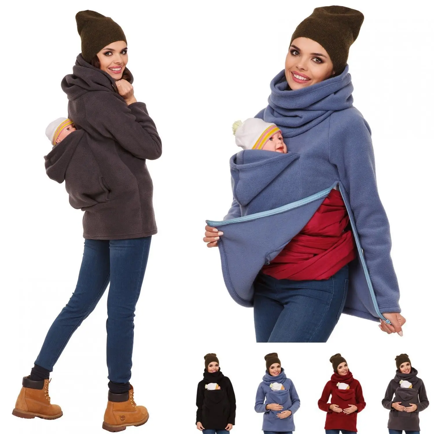 2024 Cross border Popular Women\'s Autumn/Winter Multi functional Kangaroo Hoodie Coat Parenting Bag Hoodie