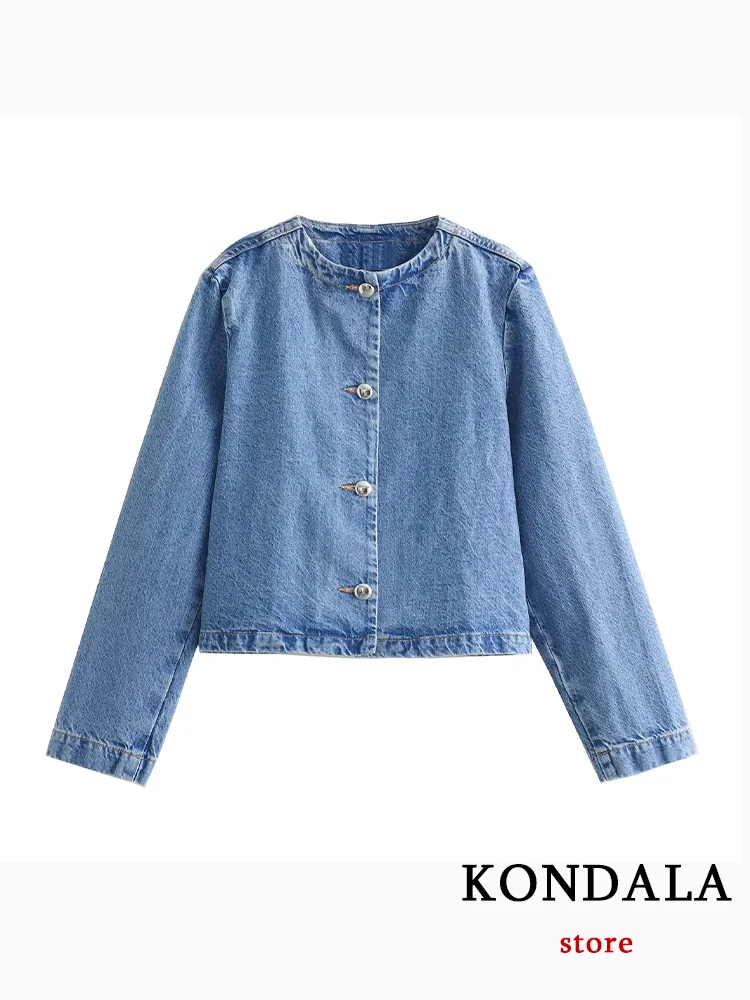 KONDALA Casual Chic Blue Denim Women Jackets Solid O-Neck Long Sleeve Buttoons Autumn Coat Fashion 2023 Autumn Streetwear Jacket