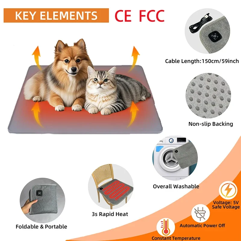 Winter Heating Pet Pad Washable Anti-Slip Kennel Mat Warm Dog Cat Electric Blanket Multi-function USB Interface Heating Cushion