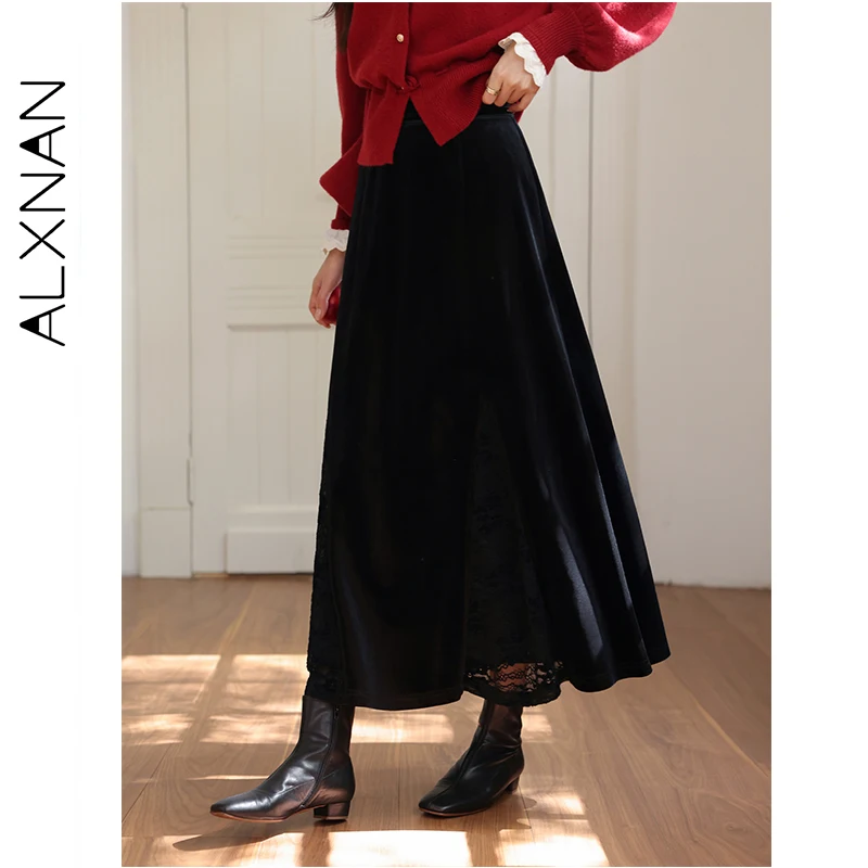 

ALXNAN Black Skirt Women Lace Stitching Elegant Long A-line Skirts 2025 Fall High-waist Casual Office Lady Skirt Female L58709