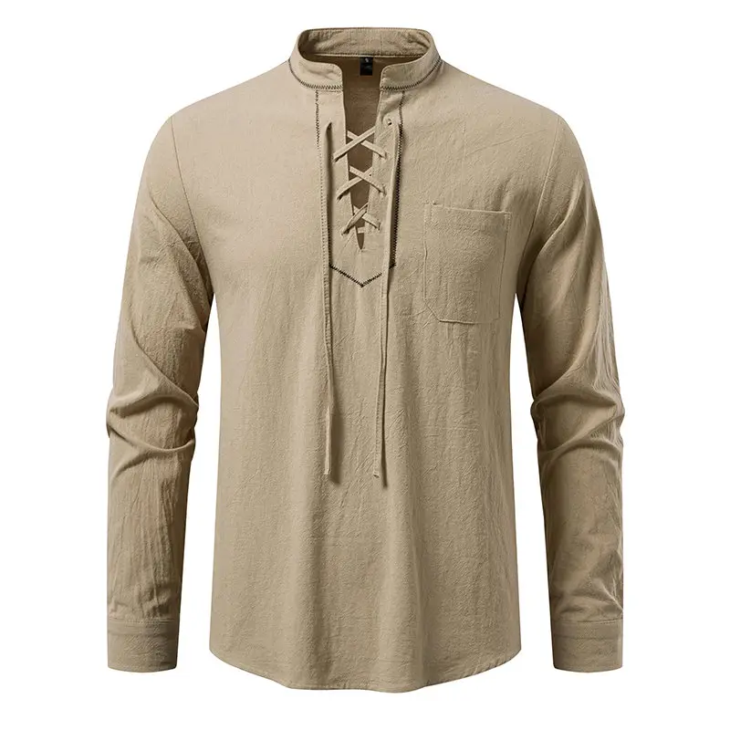 

Medieval T-Shirt for Men 2026 Embroidery Detail Drawstring Solid Color Long Sleeve Henley Style Top with Chest Pocket Clothing