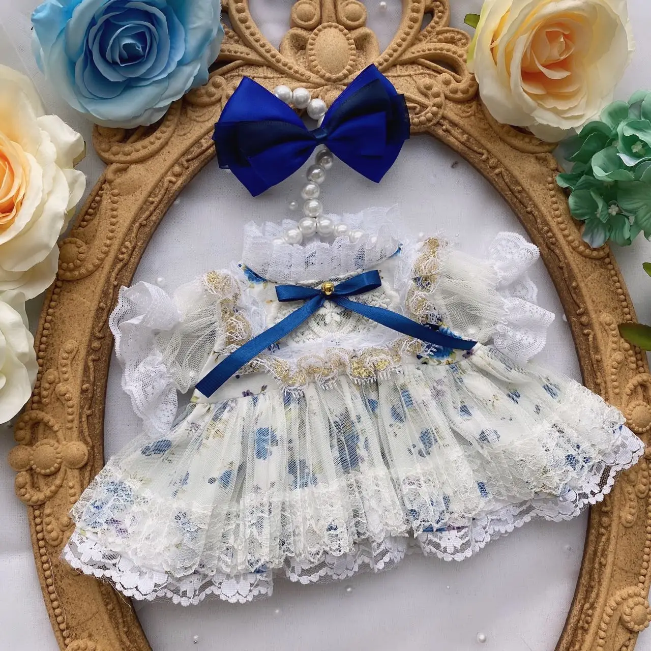 Handmade 2pc 15/20/40cm Doll Clothes Blue Bow Floral Lace Dress Kpop Plush Dolls Outfit Toys Baby Doll's Accessories Cos Suit