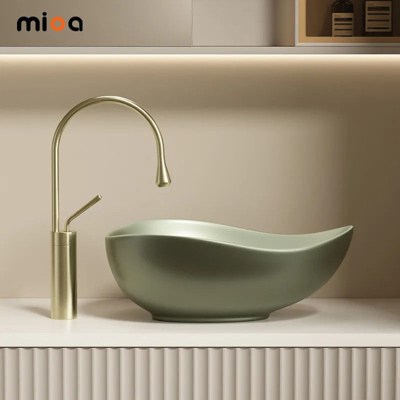 Medieval Style Olive Green Ceramic Countertop Basin Bathroom Household Washbasin Balcony Deepened Washbasin Hotel Single Basin