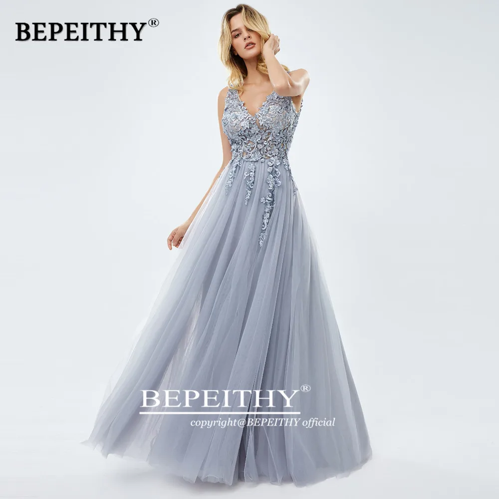 BEPEITHY-Robe trapèze grise en dentelle pour femme, tenue de Rh, de soirée, de mariage, de demoiselle d'honneur, avec fente latérale