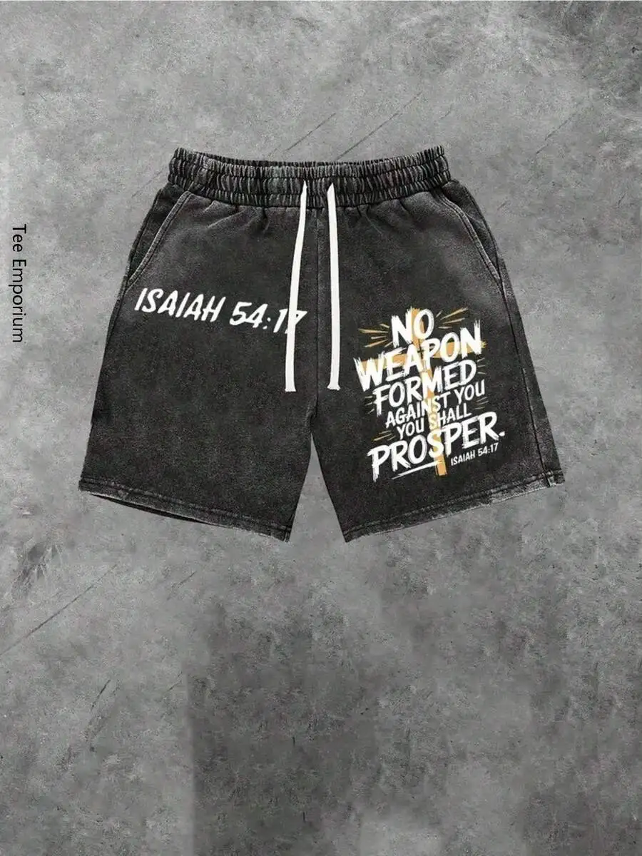 

Mens Cotton Loose Fit Drawstring Shorts With Isaiah 54:17 Bible Verse Print Streetwear Casual Shorts