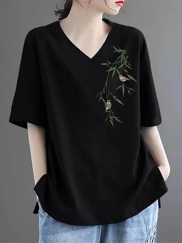 

Summer New Style Pure Cotton Printed T-Shirt Loose V-Neck Slimming Short Sleeve Women's plus Size V-Neck Top Korean Style Com...