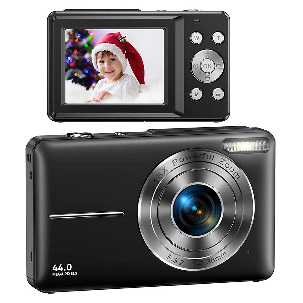 Ponto compacto e atirar câmera para crianças, câmera digital, 4K, 44MP, cartão SD de 32GB, zoom digital de 16x, tela de 2,4 ", vloggin