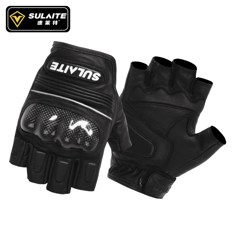 SULAITE Summer Half Finger Motorcycle Gloves Breathable Leather Carbon Fiber Anti Fall Racing Protective Outdoor Riding Gloves