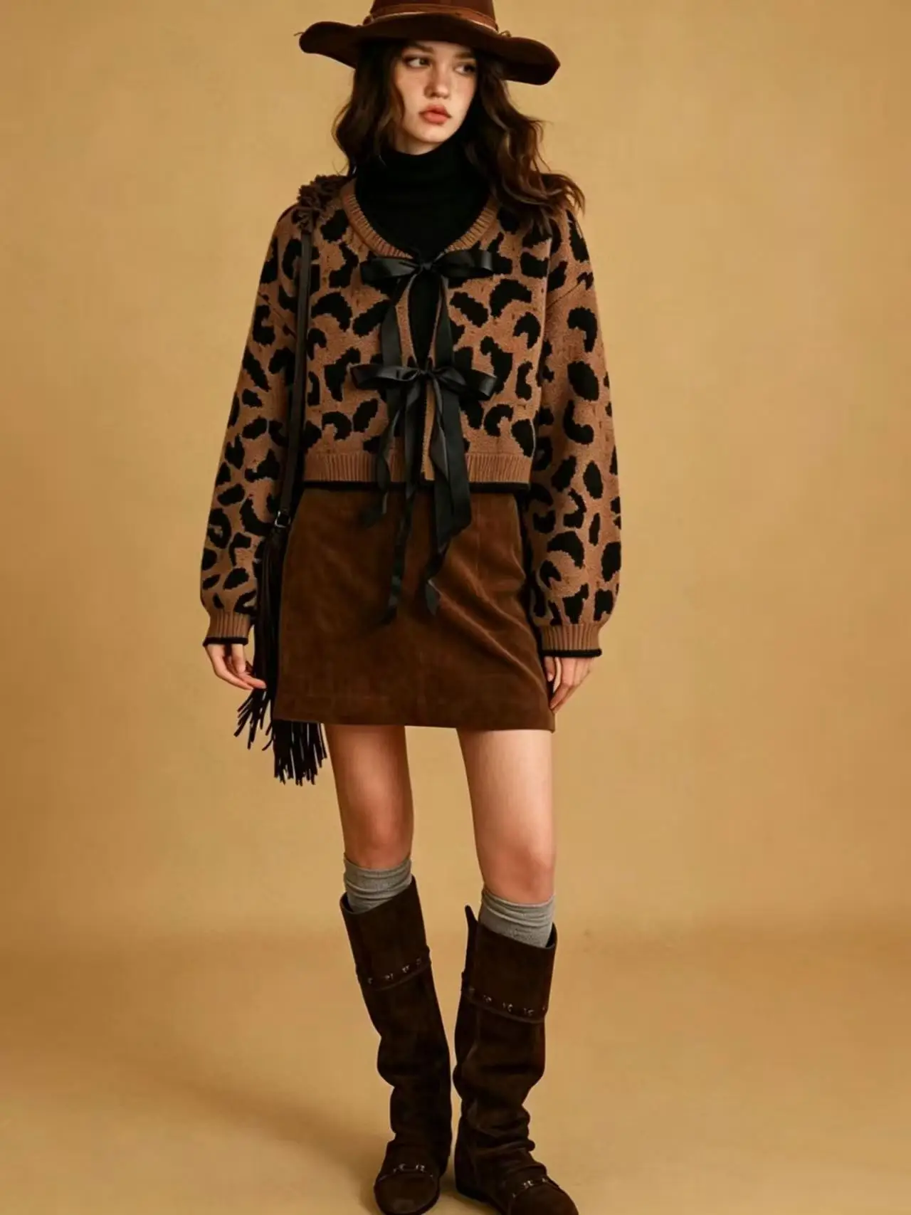 Women's Leopard Print Knit Sweater Autumn Winter New Drawstring Design Loose Korean Style Soft Pullover Top Female Fashion