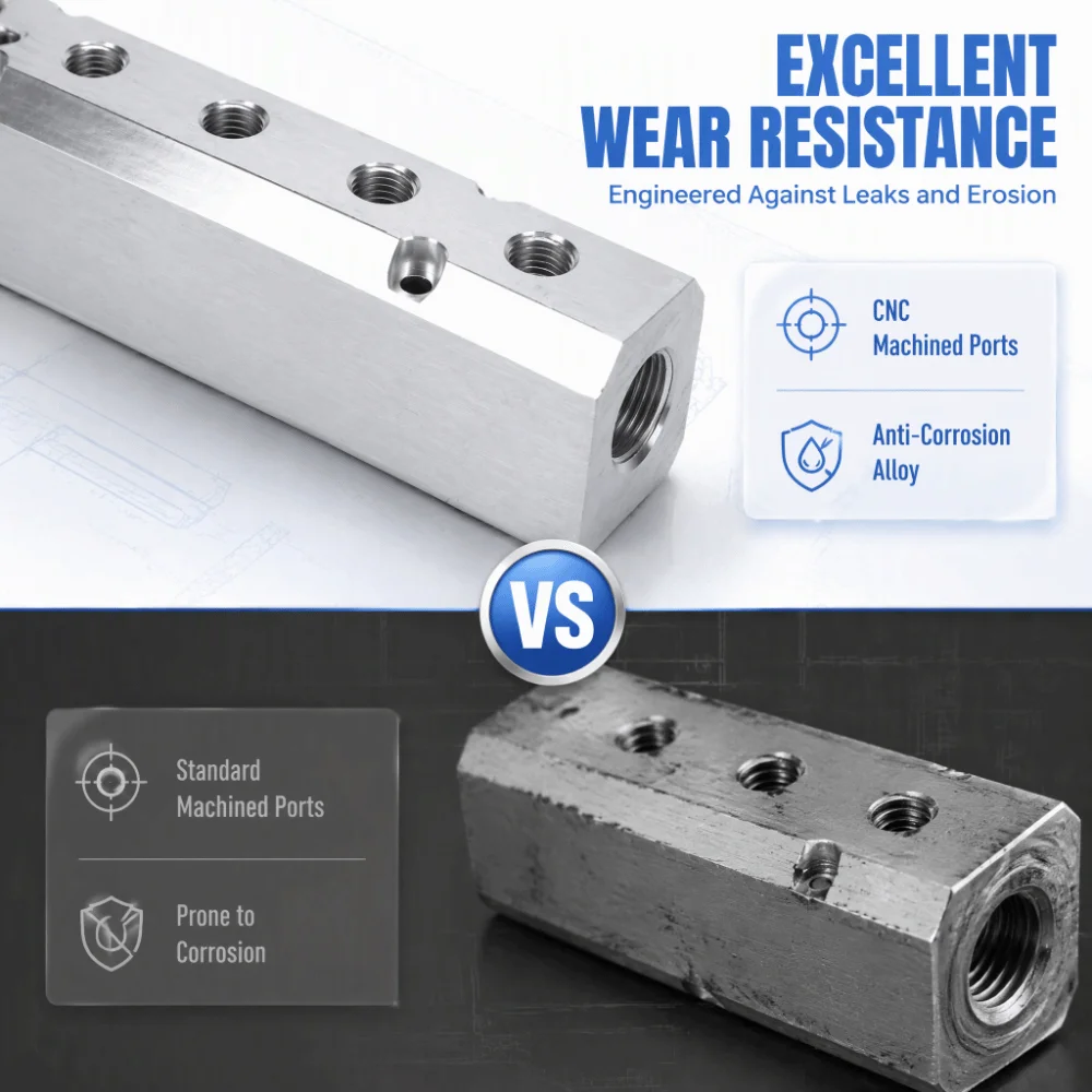 40mm High Flow Rate Pneumatic Manifold 1/4in NPT Output Aluminum Air Distribution Block 5 Way Silver Compressed Air Manifold