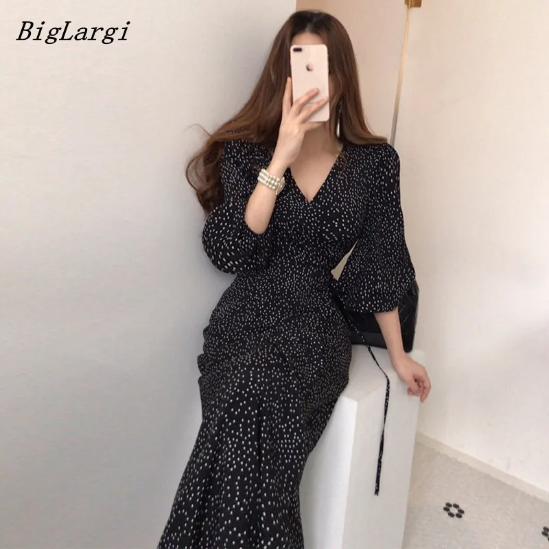 

Spring Summer Vintage Elegant Polka Dot Corduroy Dress Korea Fashion Long Sleeves Midi Dresses Women V-neck Slim Vestidos