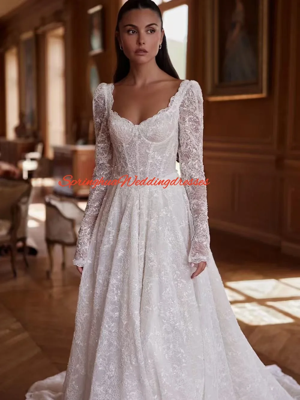 Precioso vestido de novia de encaje con cuentas personalizado, vestido de novia modesto de manga larga, vestidos de ensueño con cuello en forma de corazón para novia