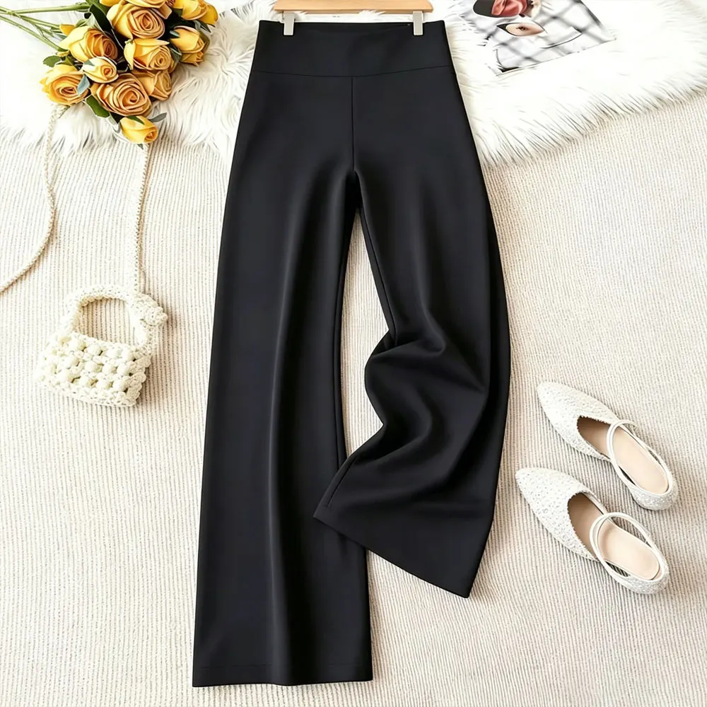 Pantalones negros de pierna ancha para mujer, pantalones elegantes de Color sólido, ropa de oficina urbana, ropa informal de primavera y verano