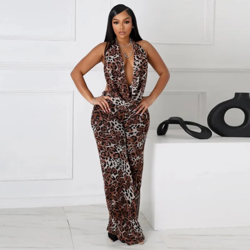 

KEXU Fashion Leopard Printed Women's Set Halter Neck Crop Top and Wide Leg Pants 2025 Summer Two 2 Piece Sets Outfits Tracksuit