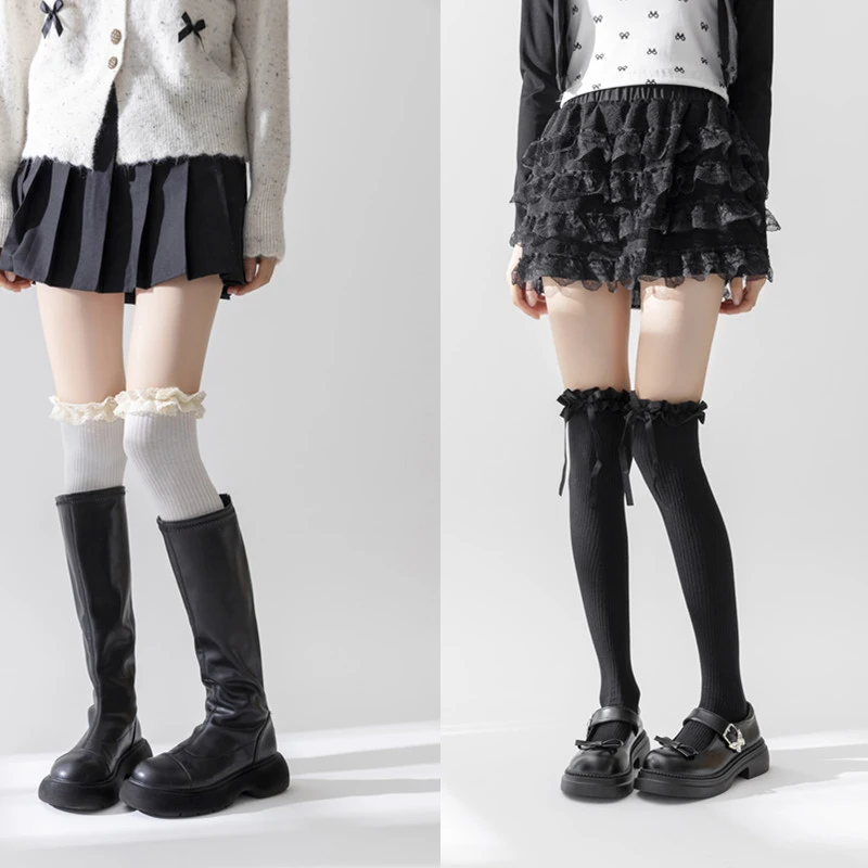 Solid Color Thigh High Lace Cute Lolita Thick Warm Stockings Black White Long Leg Socks For Women