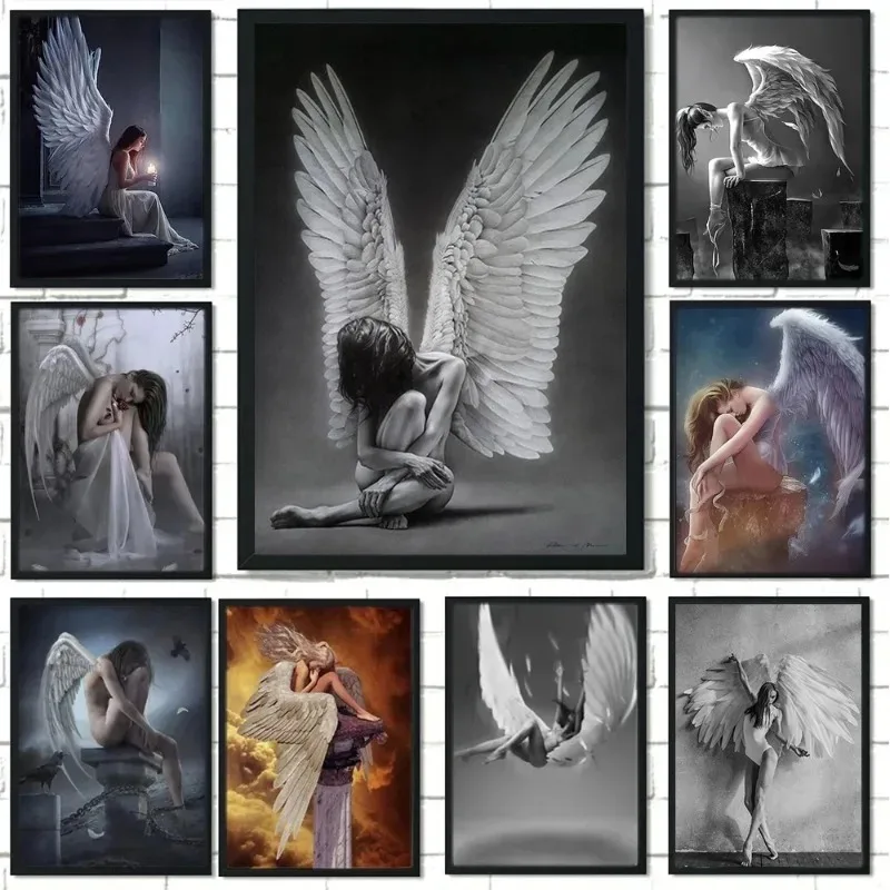 Lost Angel Girls White Wing Posters Wall Art Canvas Prints Modern Figures Portrait Paintings for Living Room Home Decor Pictu
