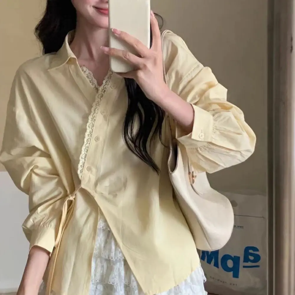 Camiseta com decote em v irregular diagonal gravata retalhos colheita topo blusa de manga longa chique retro renda básica camisetas femininas