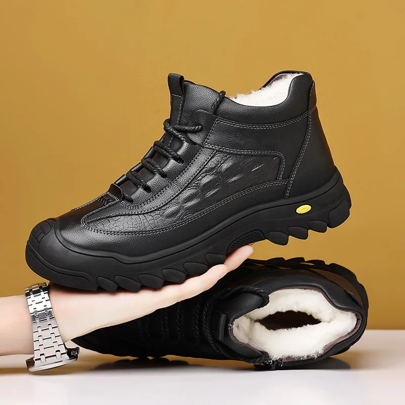 

Leather Men Ankle Boots Design Warm Plush Fur Winter Sneakers Casual Leather Shoes Outdoor Basic Boots plush warm snow boots