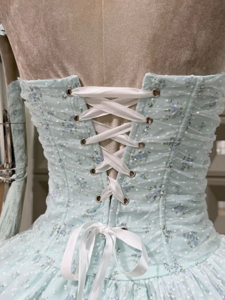 DFDG Damen-Kleid, elegantes Blumenkorsett, trägerloses Kleid, Tüllrock, Feenstil, ärmellos, A-Linie, Taille, Krawatte, 2025, Frühlings- und Sommerkleid