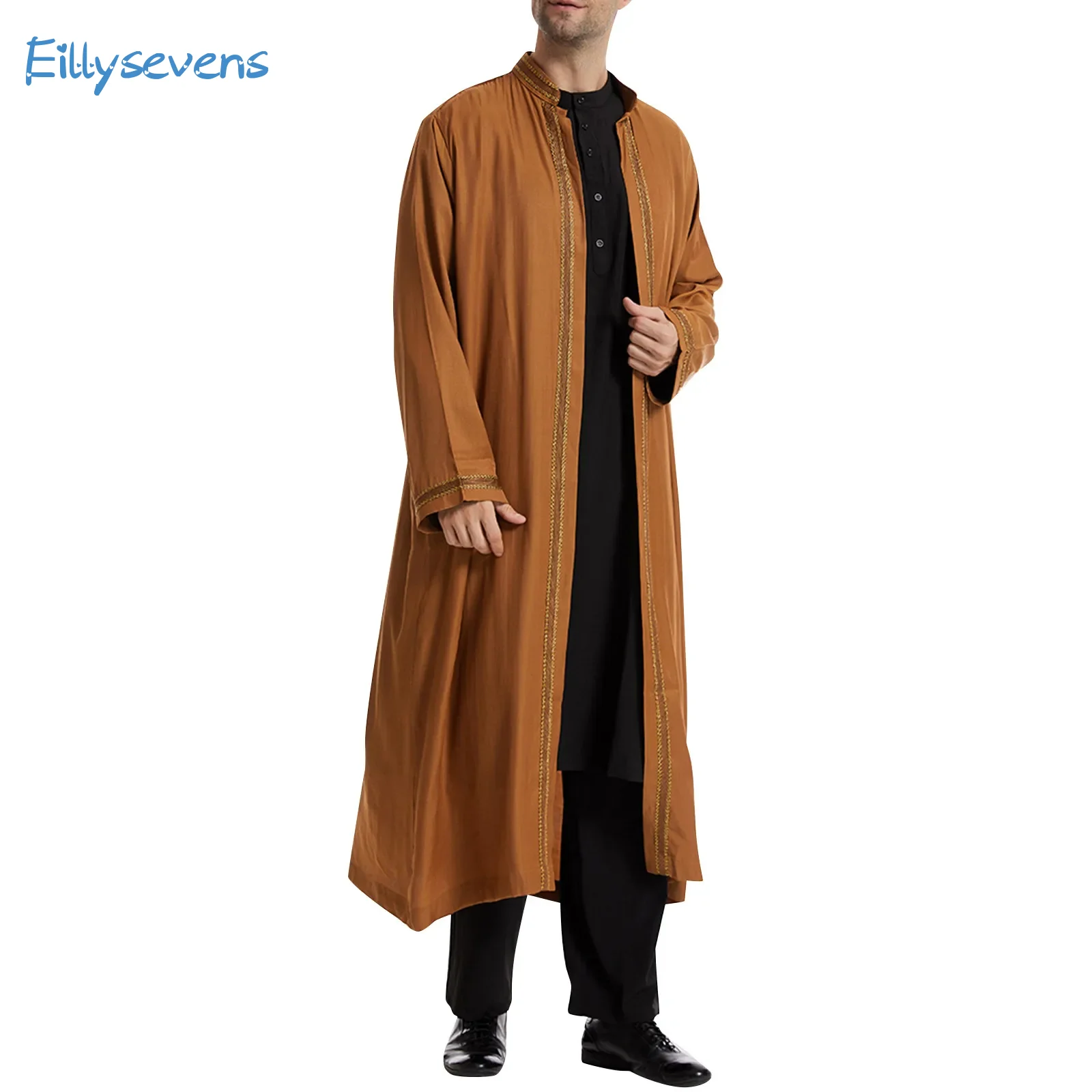 Middle East Clothing Men Traditional Muslim Islamic Jubba Thobe Stand Collar Cardigan Dress Robe With Pockets Daily Basic Style