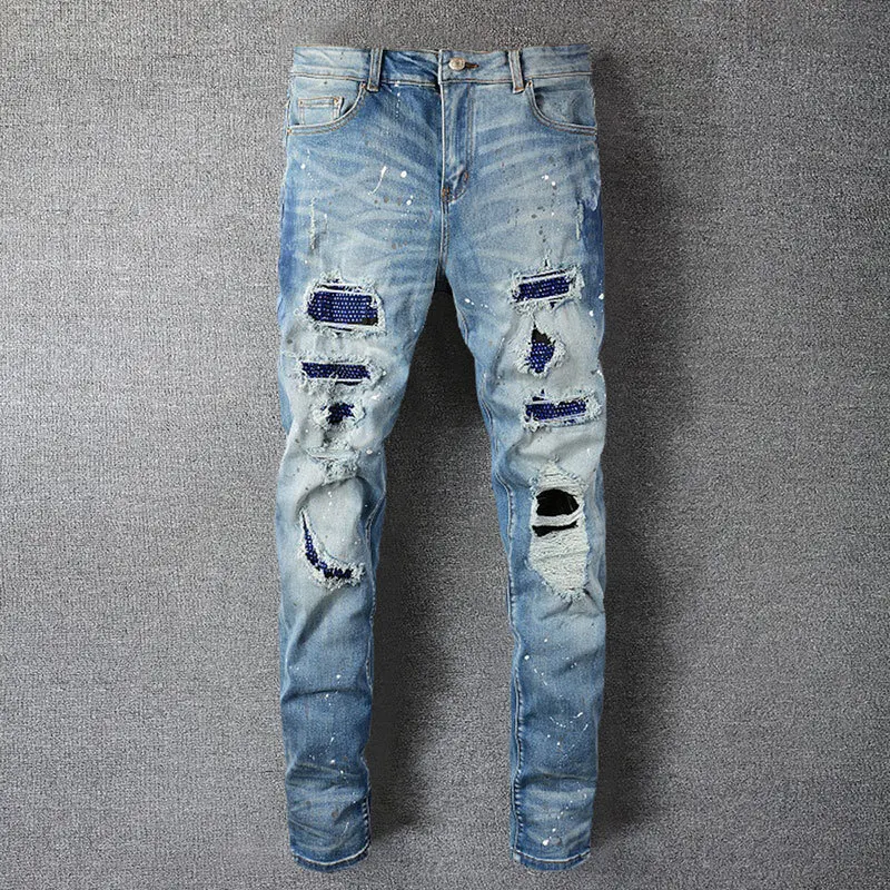 Retro Rhinestones Street Hole Stitching Jeans Men Motorcycle Pant Punk Jeans Hip Hop Ripped Designer Bootcut Jean For Men Blue