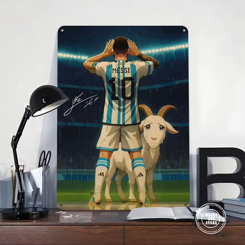 Messi and Goat Cartoon Illustration Personalized 3D Textured Metal Poster Wall Art Vintage Tin Signs for Home Decor Items Room