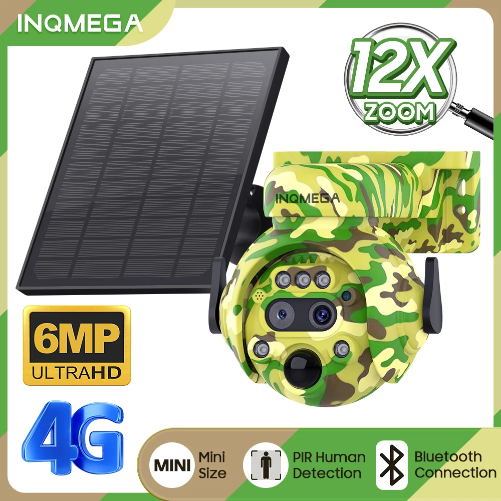 

INQMEGA 8MP 12X Zoom Wifi Camouflage Hunting Solar Camera Daul Lens 4G Sim Solar Battery PIR Human Detection Outdoor Night Visio